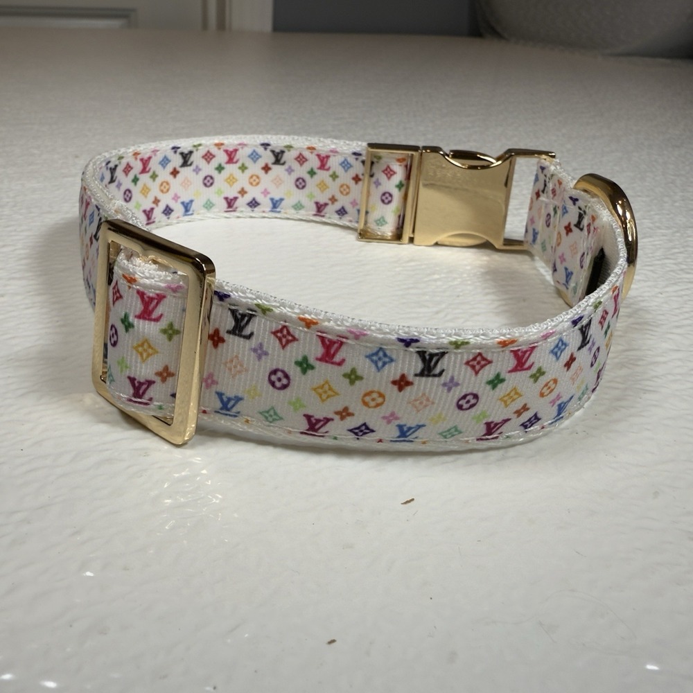 Luxury Dog Collar, Size L, Colorful, Gold Hardware, 1" Wide. - Picture 4 of 12